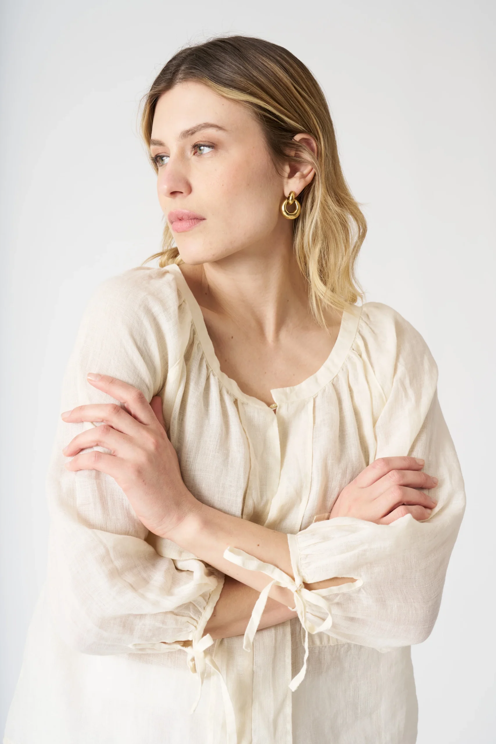 Creamy White Tie - Cuff Blouse with Patch Pockets - Image 2