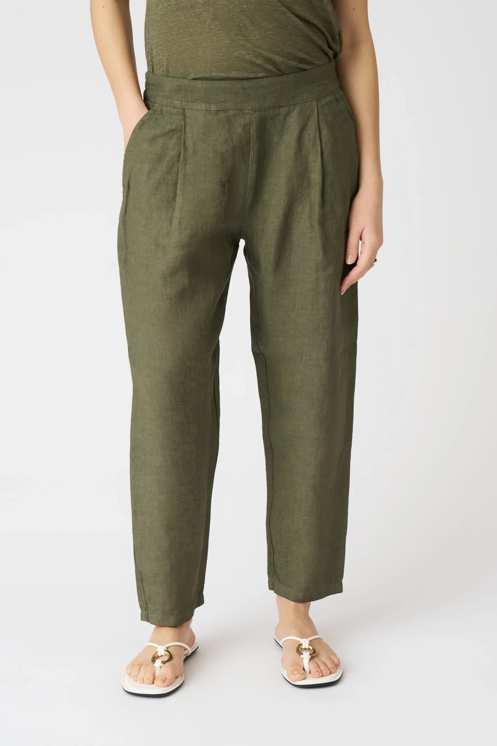 Sage Green Linen Paper - Bag Waist Trousers - Image 2