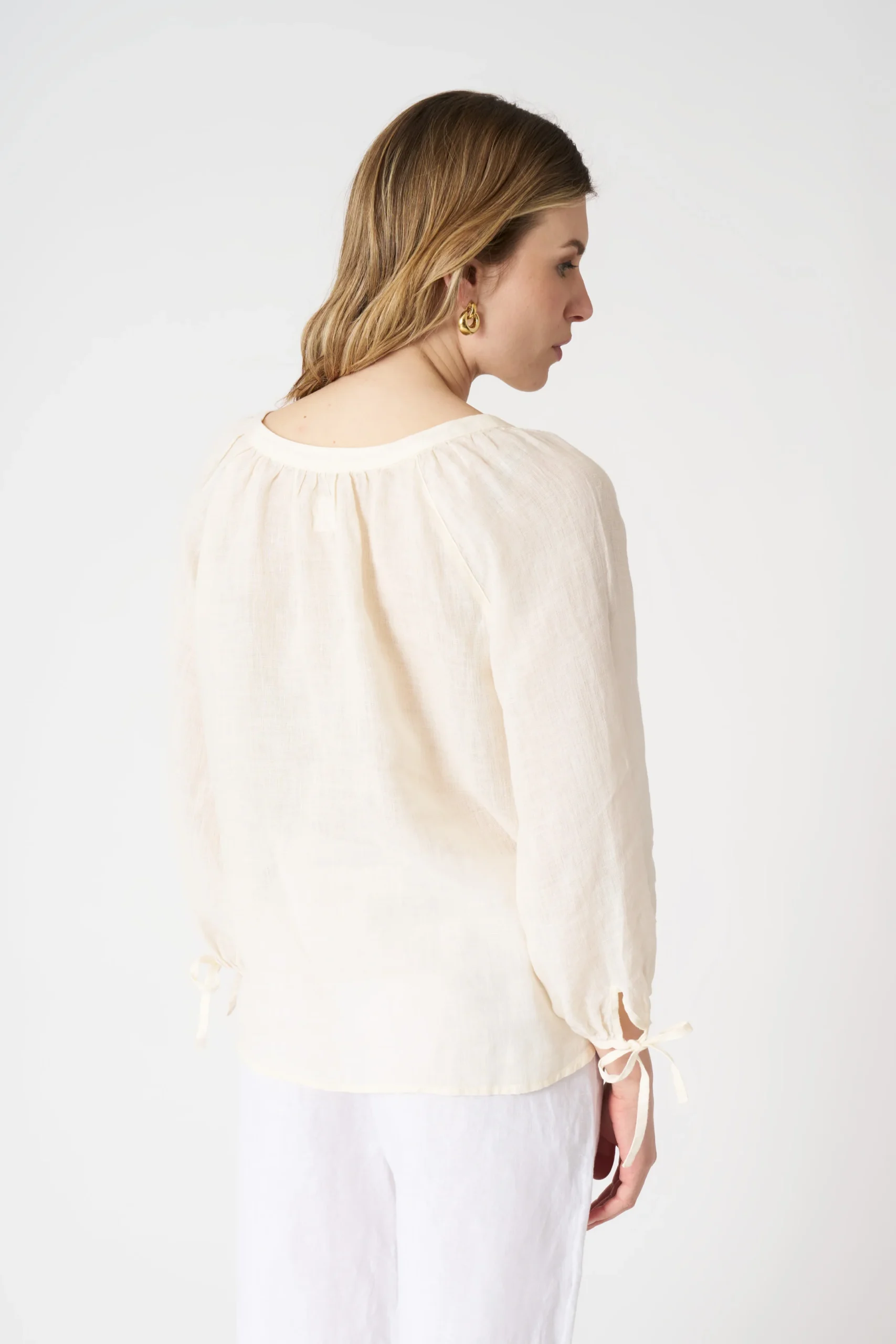 Creamy White Tie - Cuff Blouse with Patch Pockets - Image 4