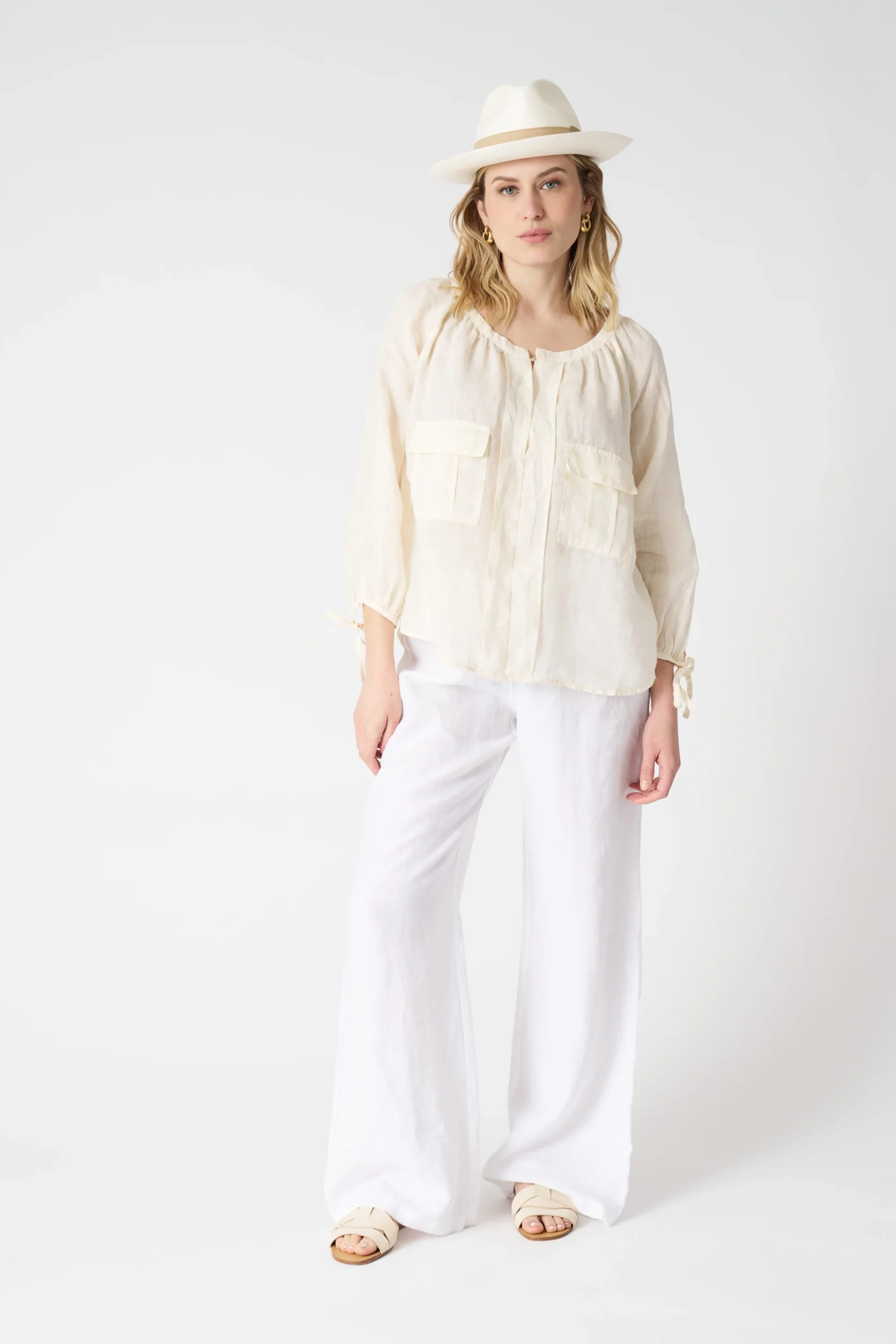 Creamy White Tie - Cuff Blouse with Patch Pockets - Image 3