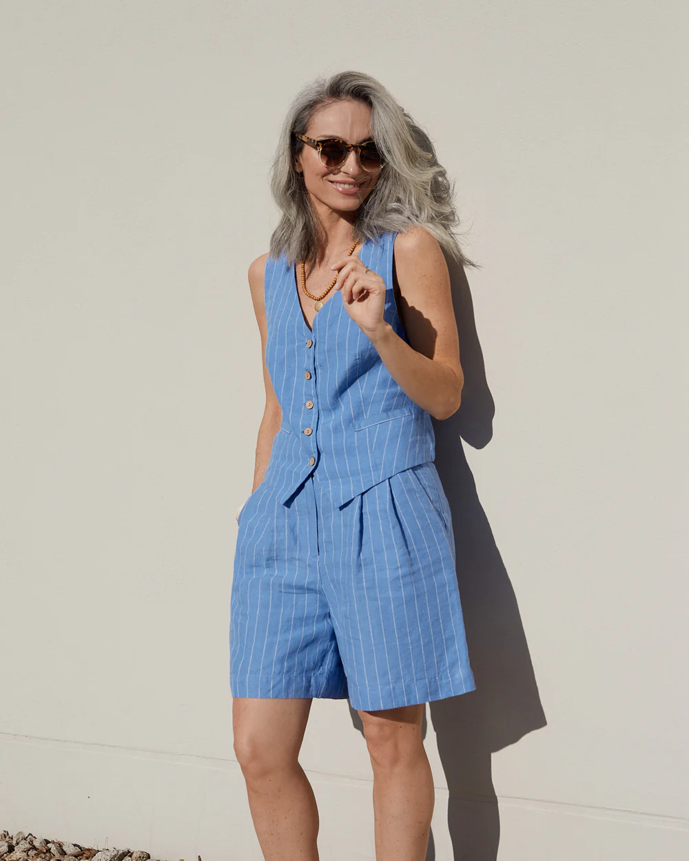 Blue Pinstripe Linen Vest - Image 5