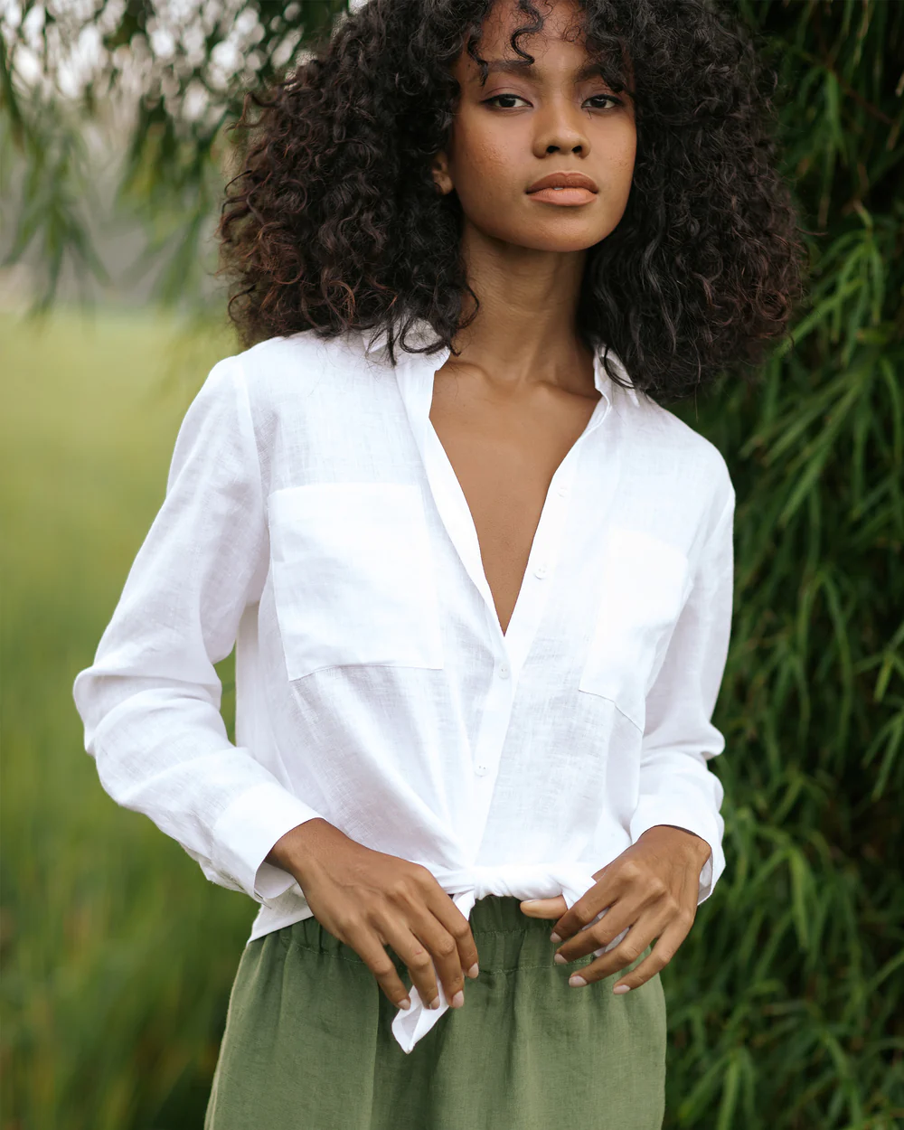 White Casual Button - Down Shirt with Patch Pockets - Image 4