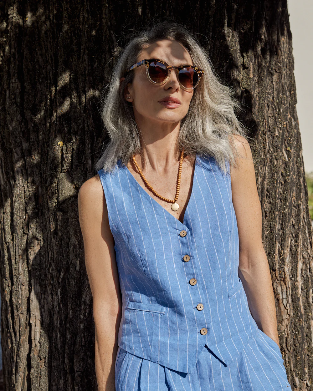 Blue Pinstripe Linen Vest - Image 2