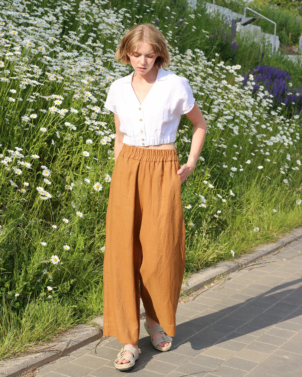 White Linen Cropped Button - Down Top