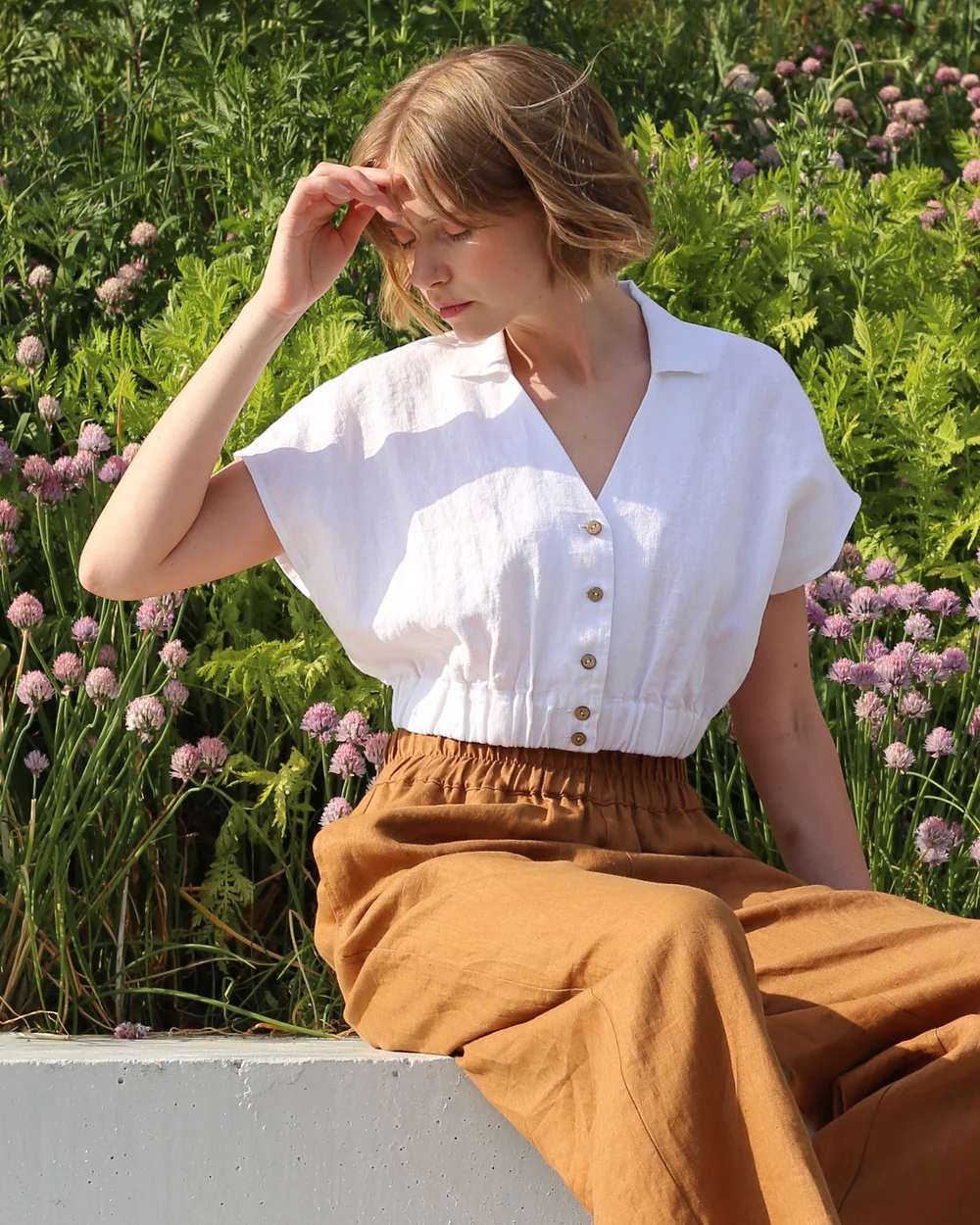 White Linen Cropped Button - Down Top - Image 2