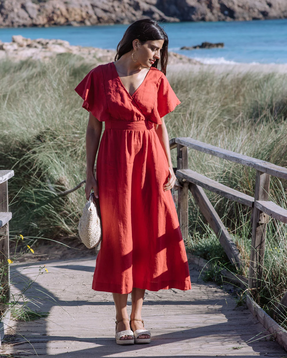 Rust Red Ruffled Sleeve Wrap - Style Maxi Dress - Image 2
