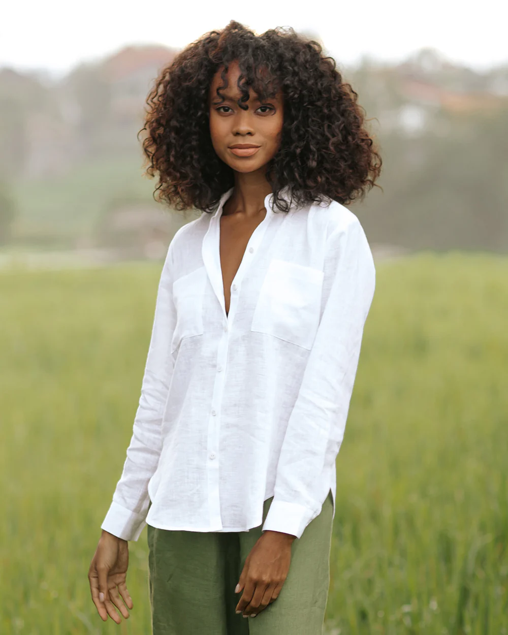 White Casual Button - Down Shirt with Patch Pockets - Image 2