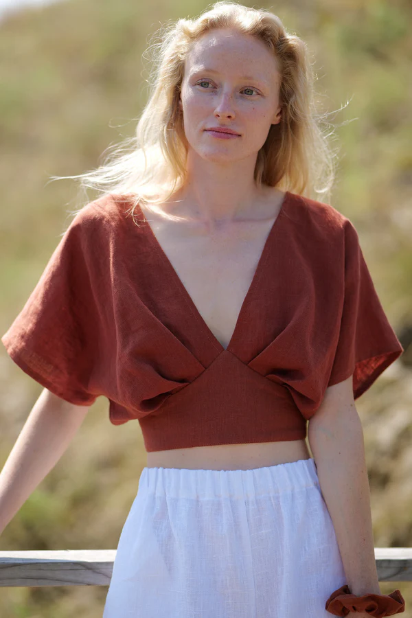 Rust Red Deep V - Neck Cropped Top