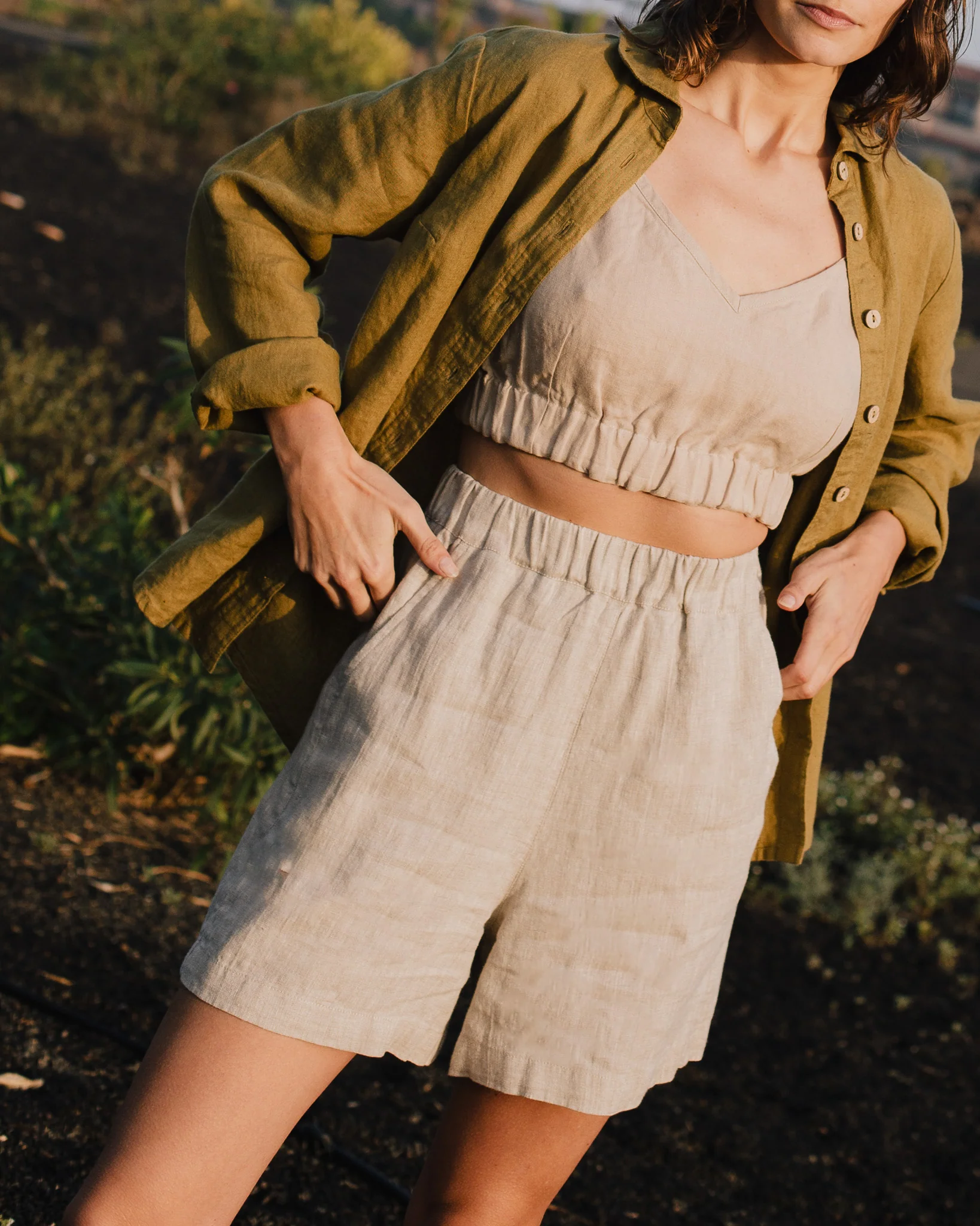 Beige Linen Elastic - Waist Shorts - Image 2