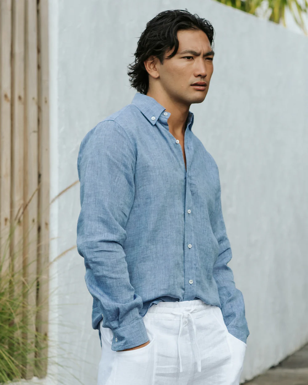 Blue Linen Long - Sleeve Shirt - Image 2