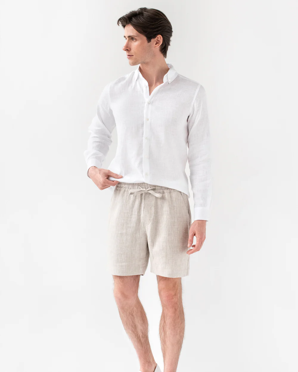 Beige Linen Drawstring Shorts - Image 2