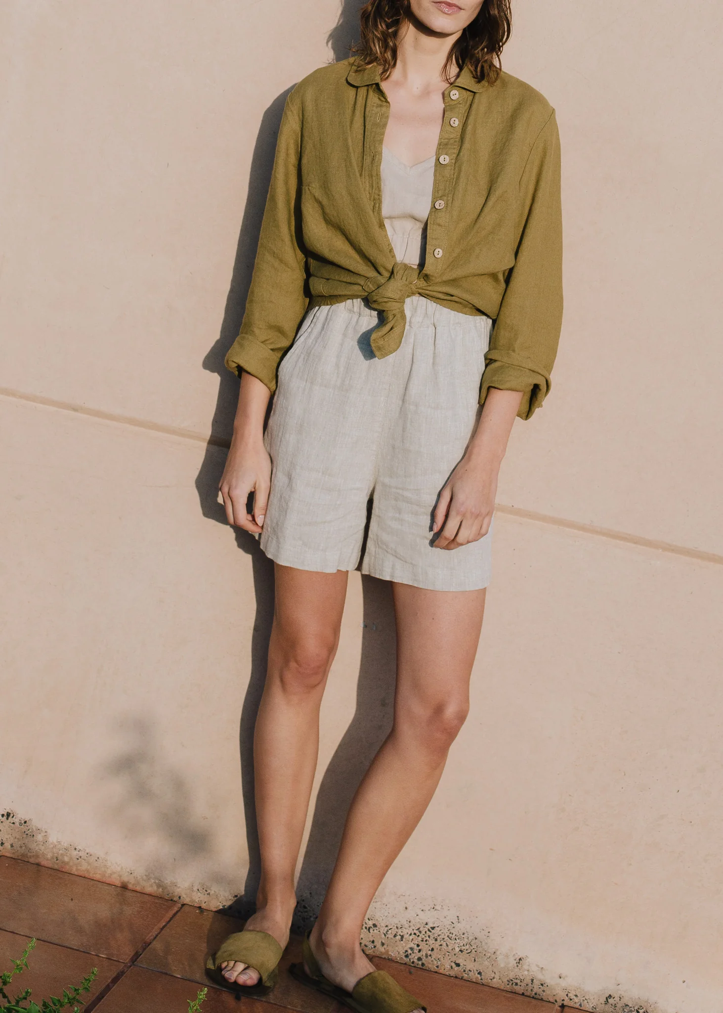 Beige Linen Elastic - Waist Shorts - Image 3