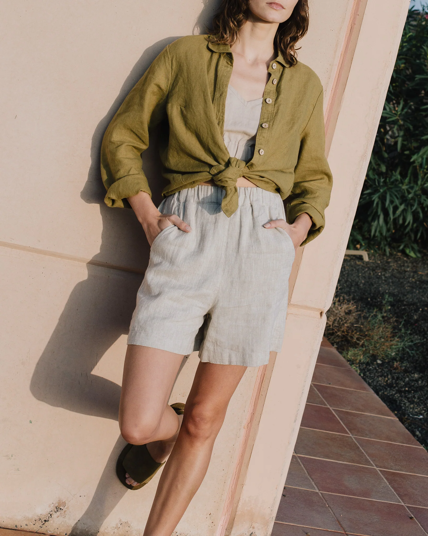 Beige Linen Elastic - Waist Shorts