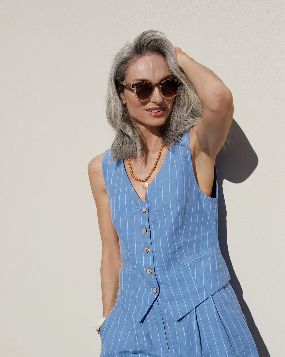 Blue Pinstripe Linen Vest - Image 6