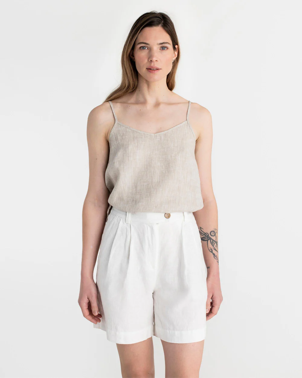 White Linen Pleated Shorts