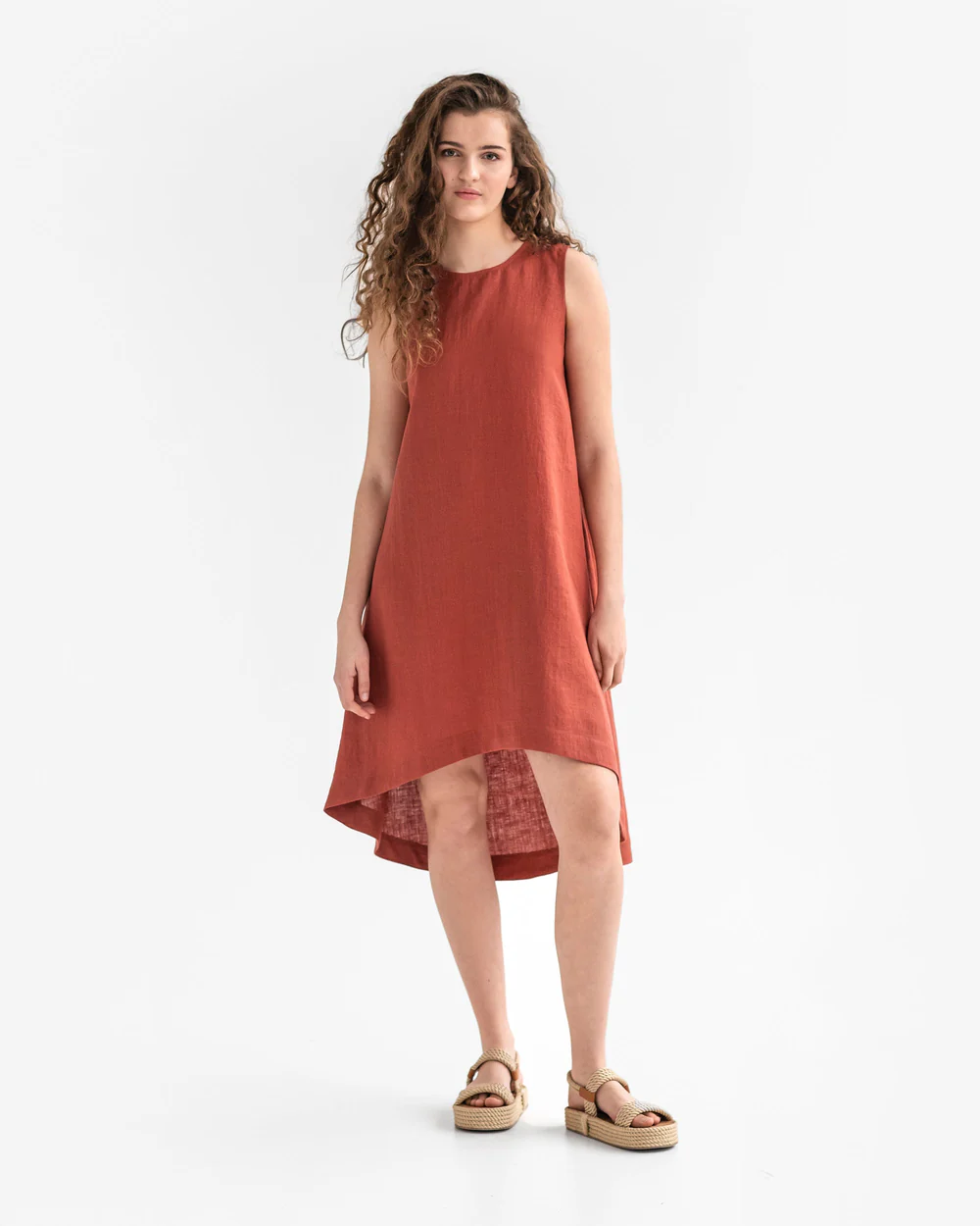 Rust Red Sleeveless High - Low Midi Dress