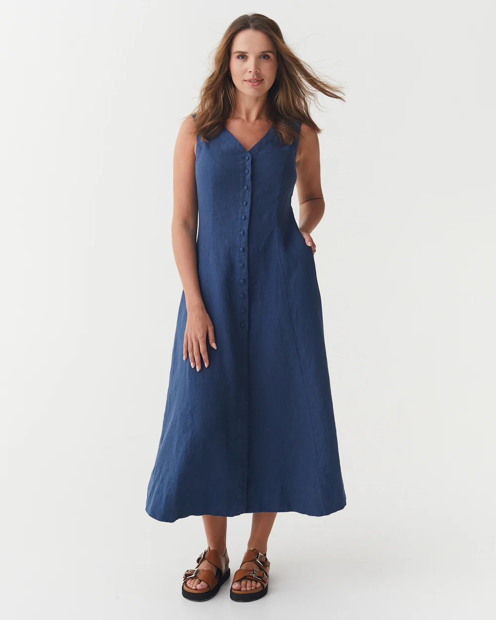 Navy Blue Tie - Waist Sleeveless Maxi Dress - Image 3