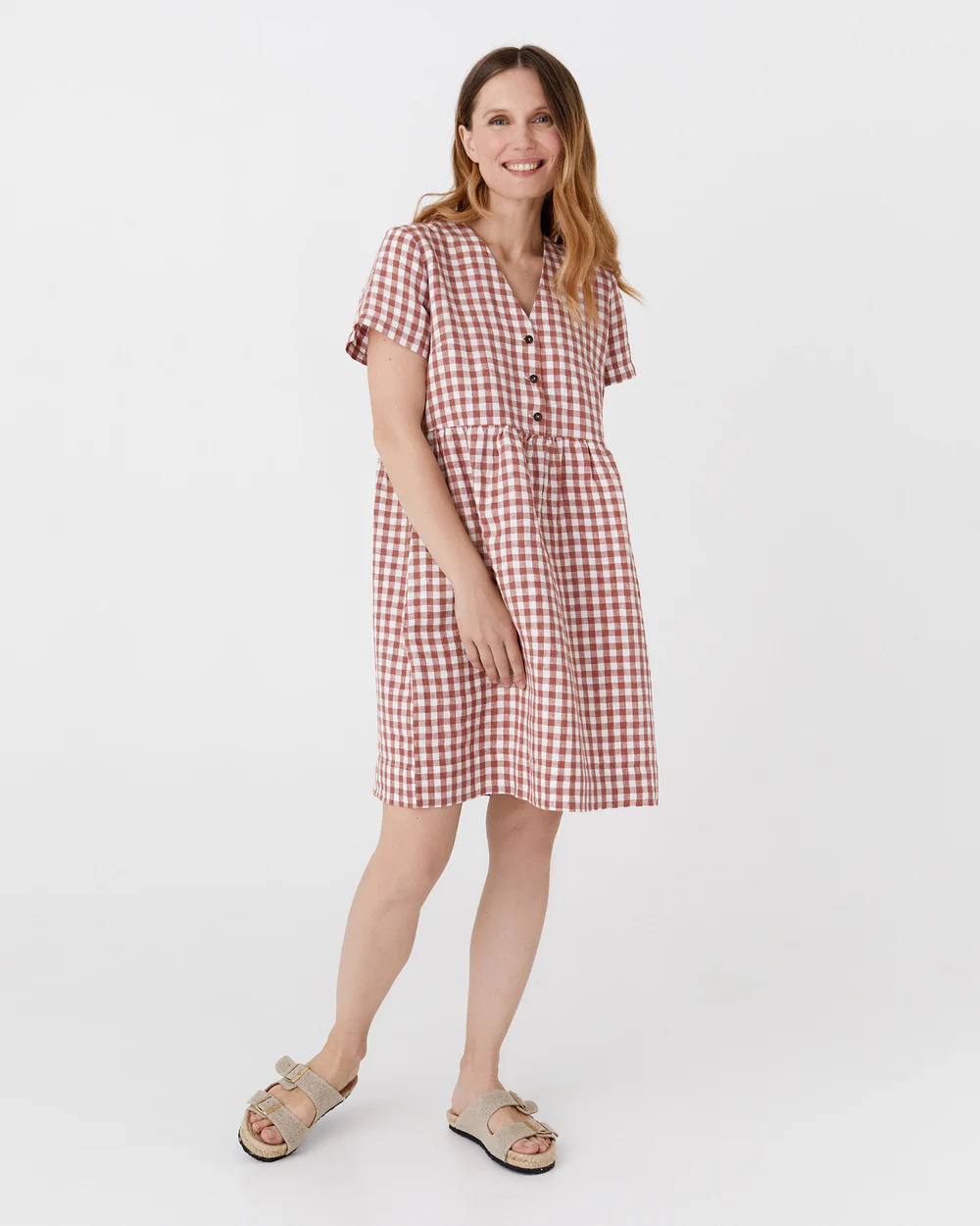rust and white gingham dress