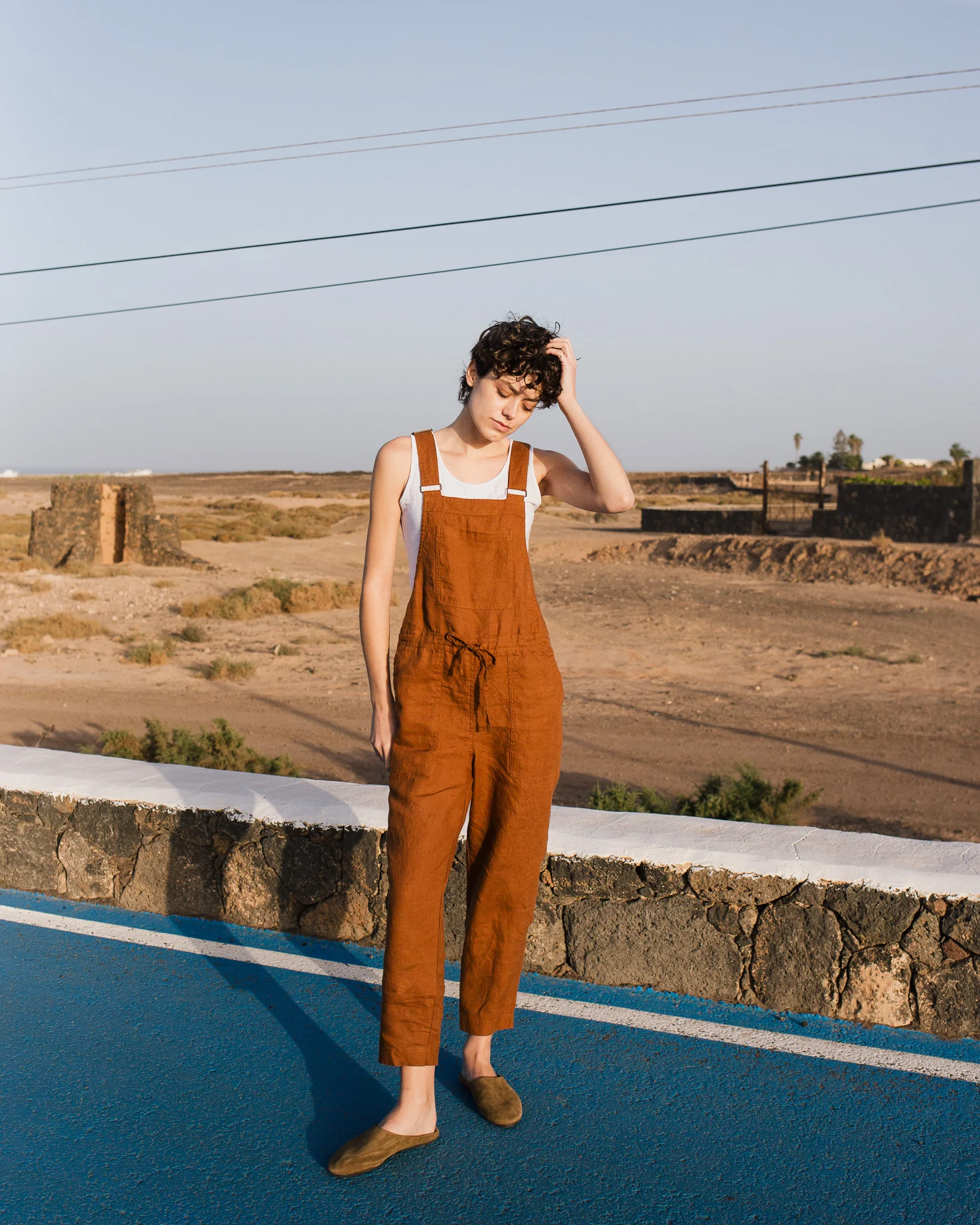 rust - colored linen jumpsuit