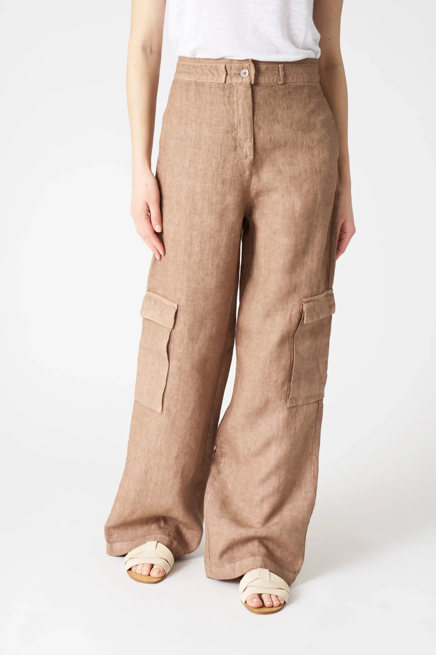 Tan Linen Cargo Wide - Leg Trousers - Image 4
