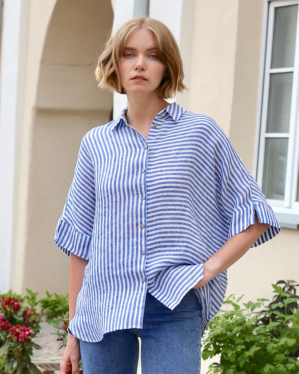 Lively Allure in BeigBlue - White Striped Linen Shirte & Linen Camisole Design