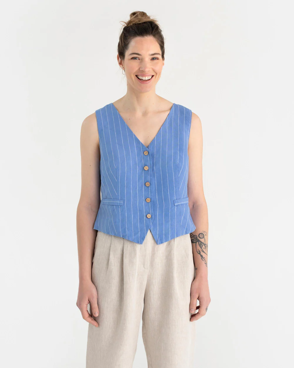 Blue Pinstripe Linen Vest - Image 8