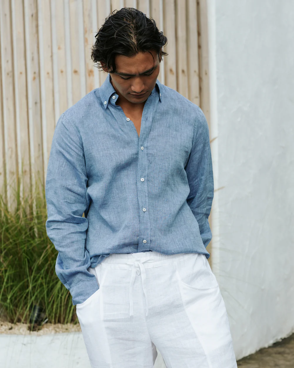 Blue Linen Long - Sleeve Shirt
