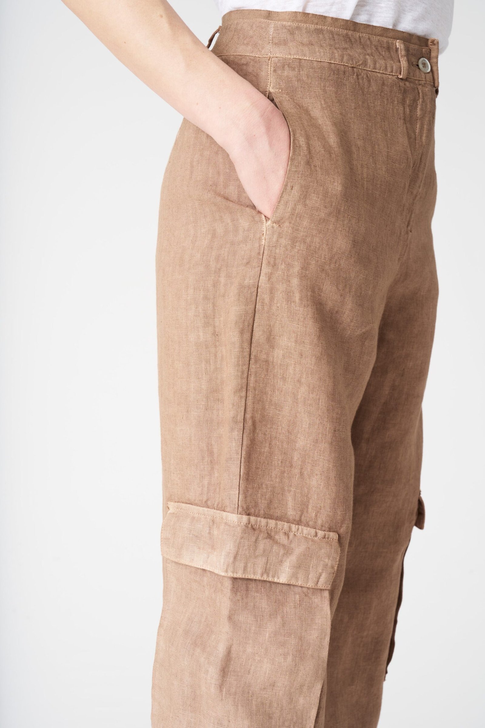Tan Linen Cargo Wide - Leg Trousers - Image 3