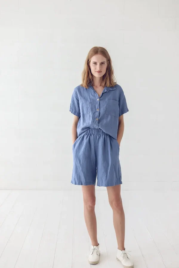 Sky Blue Linen Elastic - Waist Shorts - Image 2