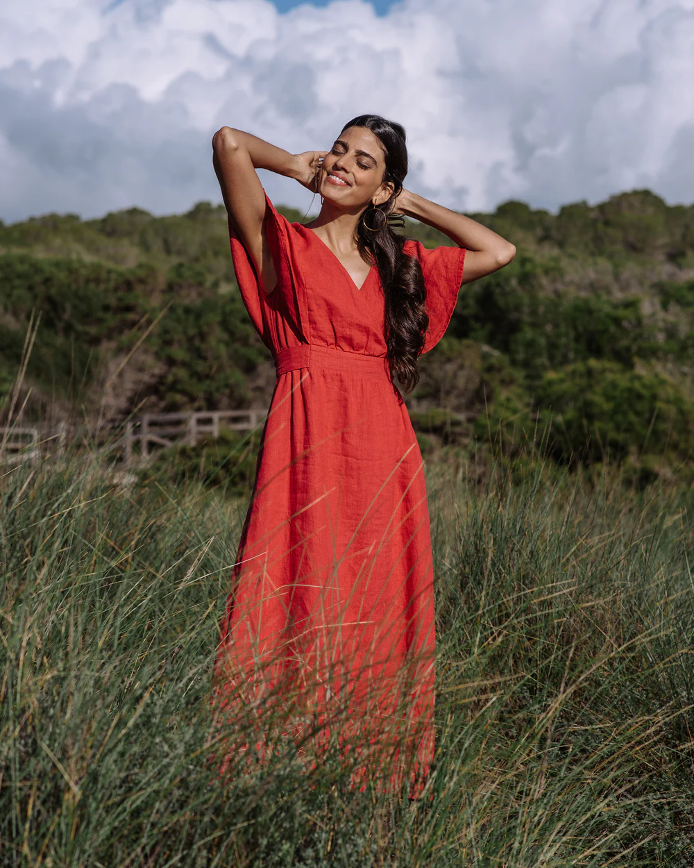 Rust Red Ruffled Sleeve Wrap - Style Maxi Dress
