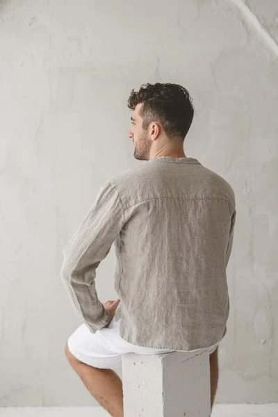 Beige Linen Henley Shirt - Image 3