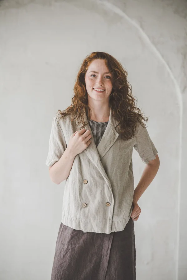 Beige Linen Short - Sleeved Double - Breasted Blazer