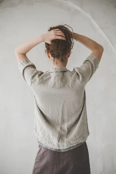 Beige Linen Short - Sleeved Double - Breasted Blazer - Image 3