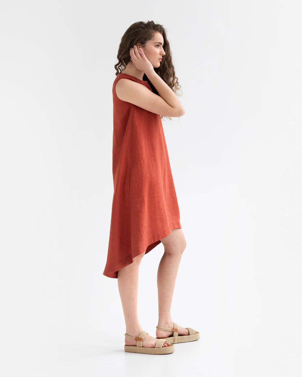 Rust Red Sleeveless High - Low Midi Dress - Image 3