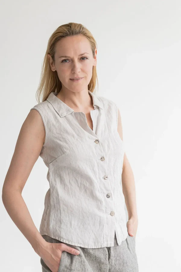 Oatmeal Collared Sleeveless Button - Down Top